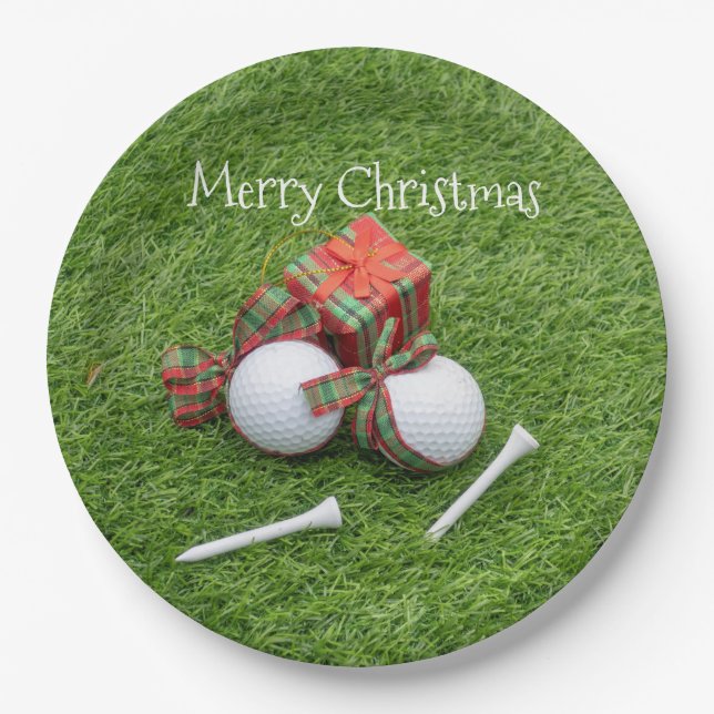 Golf ball with tee and gift for golfer Christmas Paper Plate (Front)