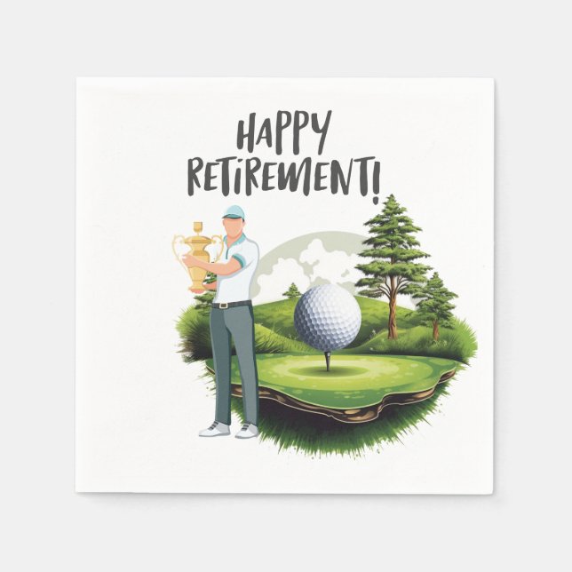 Golf ball with tee for golfer retirement party napkin (Front)