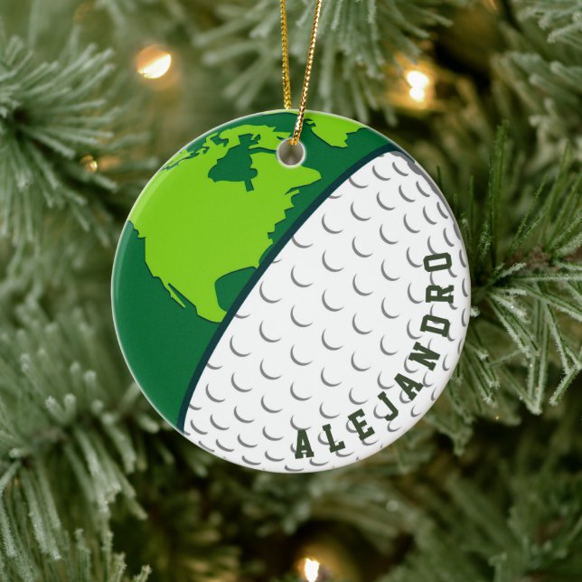 Golf Ball World Planet Personalised Golfer's Name Ceramic Ornament (Tree)