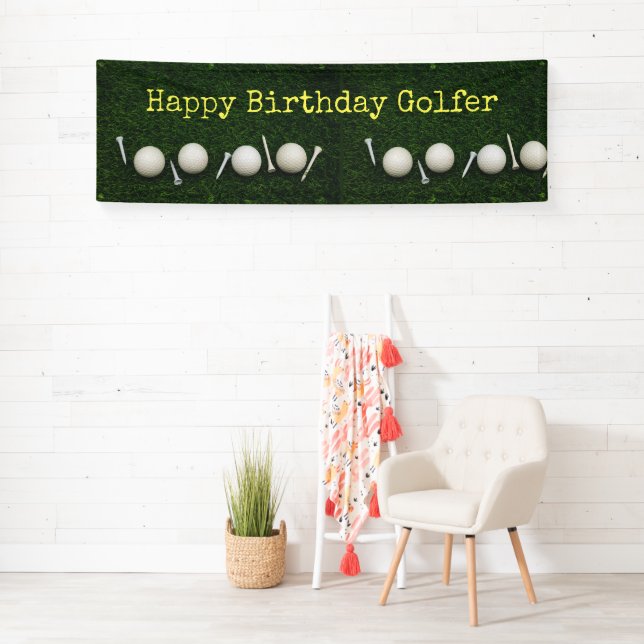 Golf balls and tees on green background birthday banner (Insitu)