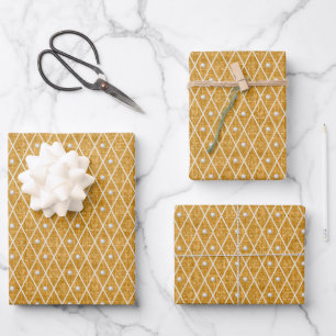Golf Balls & Clubs Argyle on Golden Yellow Wrapping Paper Sheet