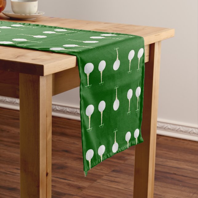 Golf balls pattern on green short table runner (In Situ)