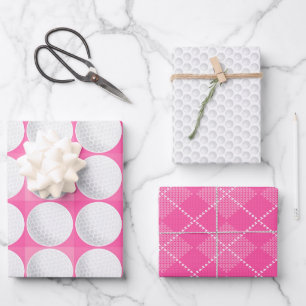 Golf Balls Pink Preppy Ladies Golfing Plaid Fun Wrapping Paper Sheet
