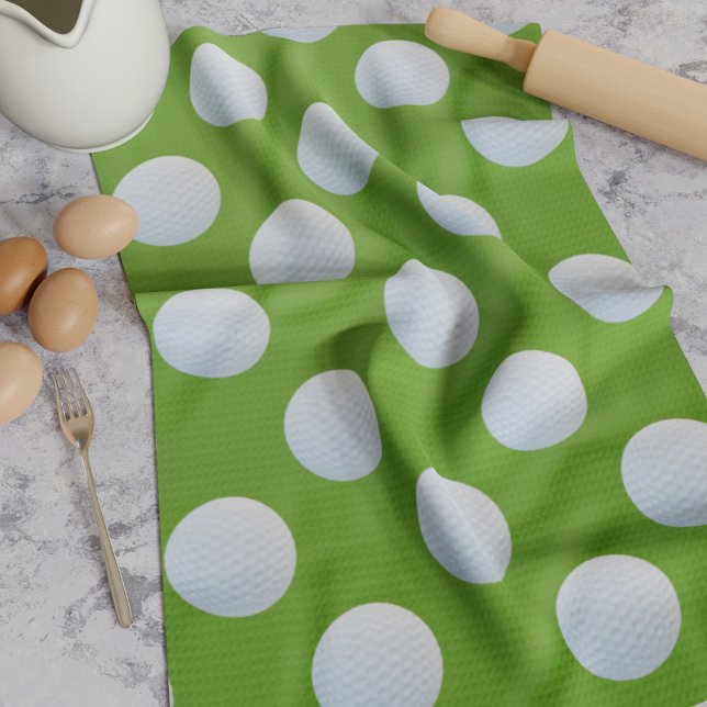 Golf Balls Polka Pattern Grass Green Kitchen Towel (A fun golf ball pattern kitchen towel for your Golfing Dad or Mom)