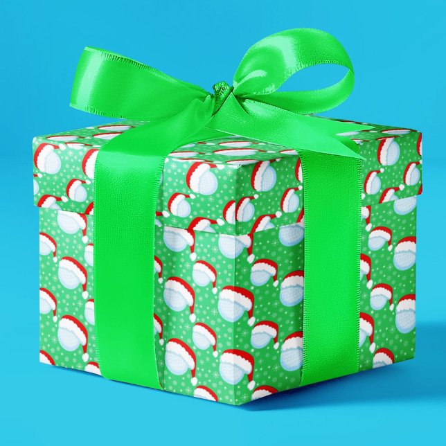 Golf Balls Santa's Hat & Snowflakes Green Wrapping Paper (Creator Uploaded)
