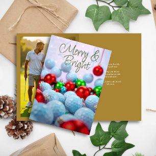 Golf Balls & Shiny Ornaments • Family Photo Gold Holiday Card