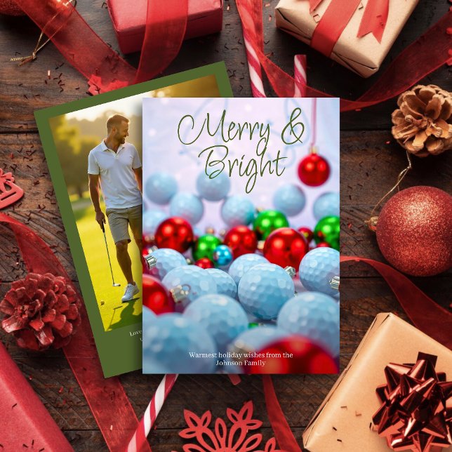 Golf Balls & Shiny Ornaments • Family Photo Green Holiday Card (Creator Uploaded)