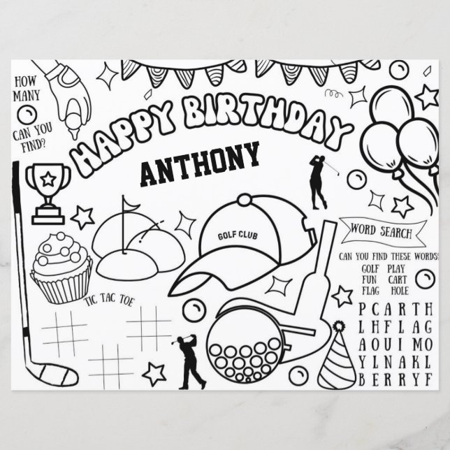 Golf Birthday Colouring Page, Golf Activity Sheet (Front)