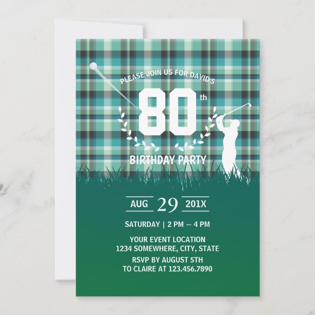 Golf Birthday Party Green Gingham Pattern Invitation (Front)