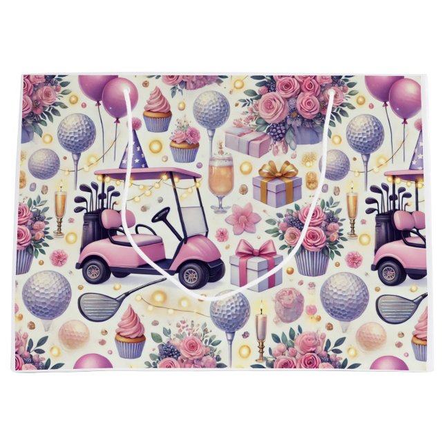 Golf Birthday Party Pink Themed for Girl Woman  Large Gift Bag (Front)
