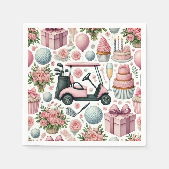 Golf Birthday Party Pink Themed for Girl Woman  Napkin (Front)