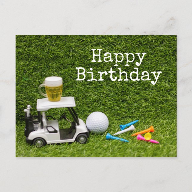 Golf birthday with ball and beer with tees   postcard (Front)