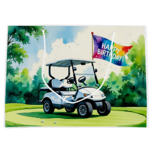 Golf  Birthday with golf cart   watercolor Large Gift Bag