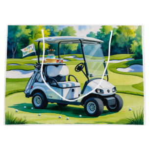 Golf Birthday with golf cart watercolor Large Gift Bag