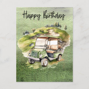 Golf Birthday with golf cart   watercolor Postcard