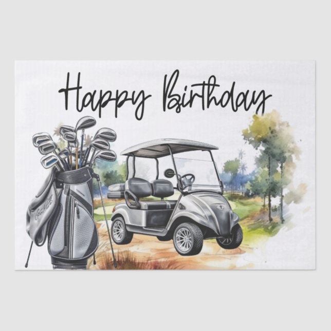 Golf Birthday with golf cart   watercolor Tissue Paper (Front)