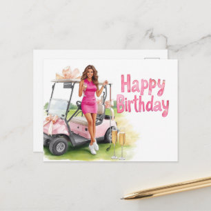 Golf Birthday with golfer woman and pink cart Postcard