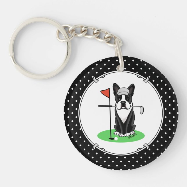 Golf Boston Terrier Dog (black) Cute Key Ring (Front)
