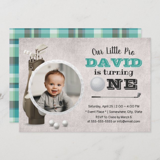 Golf Boy Future Golfer Cute Photo 1st Birthday Invitation (Front/Back)