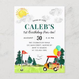 Golf Boy Golfing Swing By Fore a Par-tee Birthday  Postcard