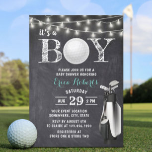 Golf Boy Rustic Chalkboard Baby Shower Invitation