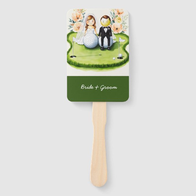 Golf bride and groom Wedding on putting green Hand Fan (Front)