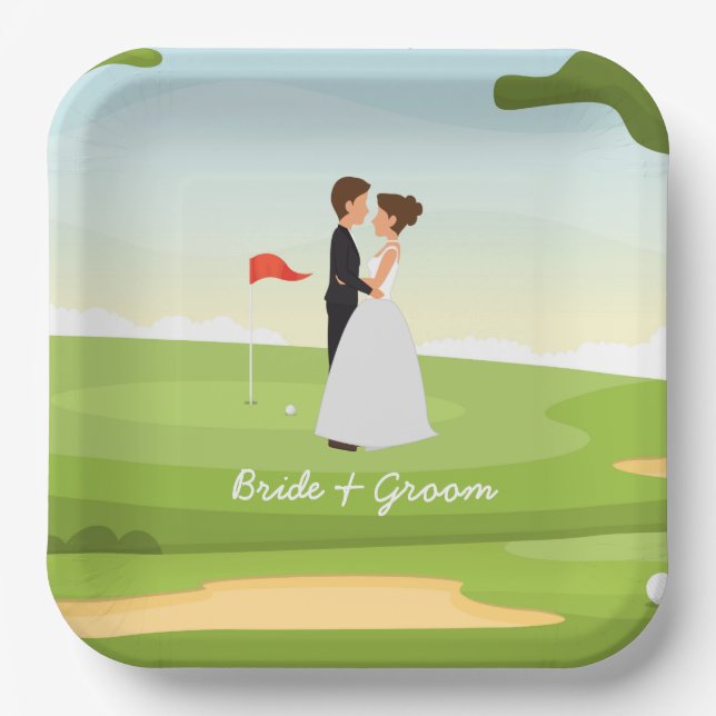 Golf bride and groom with golf ball tee Wedding Pa Paper Plate (Front)