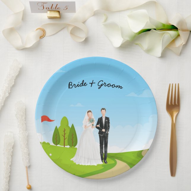 Golf bride and groom with golf ball tee Wedding  Paper Plate (Wedding)