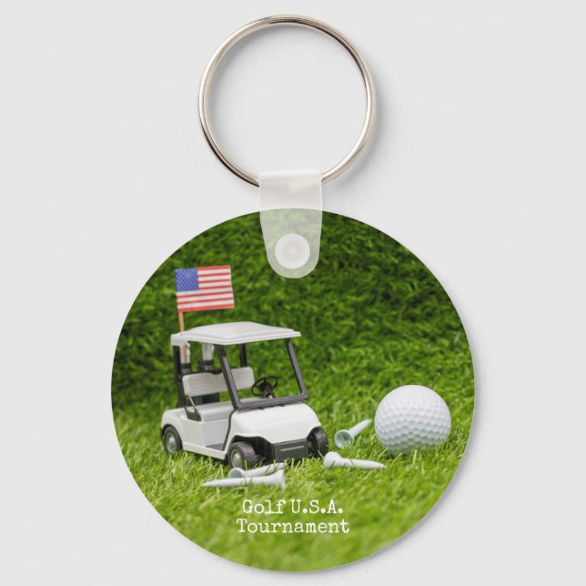 Golf cart and ball with flag of America Key Ring (Front)