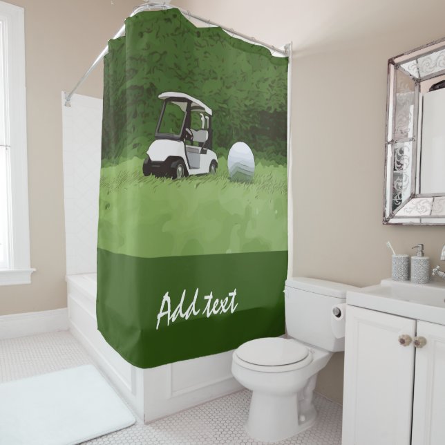 Golf cart and golf ball on green grass shower curtain (In Situ)