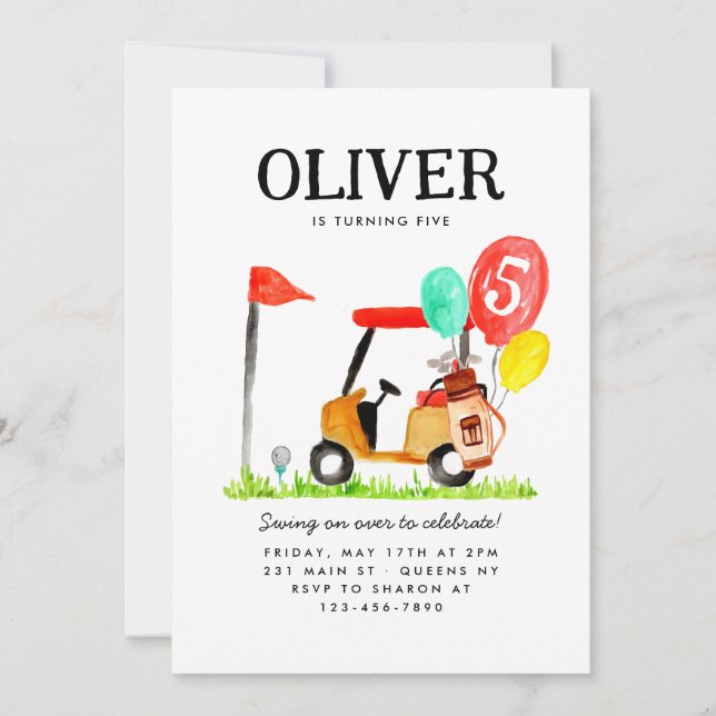 Golf Cart Ball Bag Balloon Kids Golfer Birthday Invitation (Front)