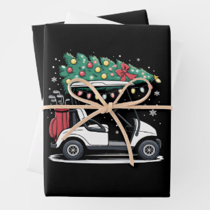 Golf Cart Christmas Tree Lights Xmas Sport Golfer Wrapping Paper Sheet