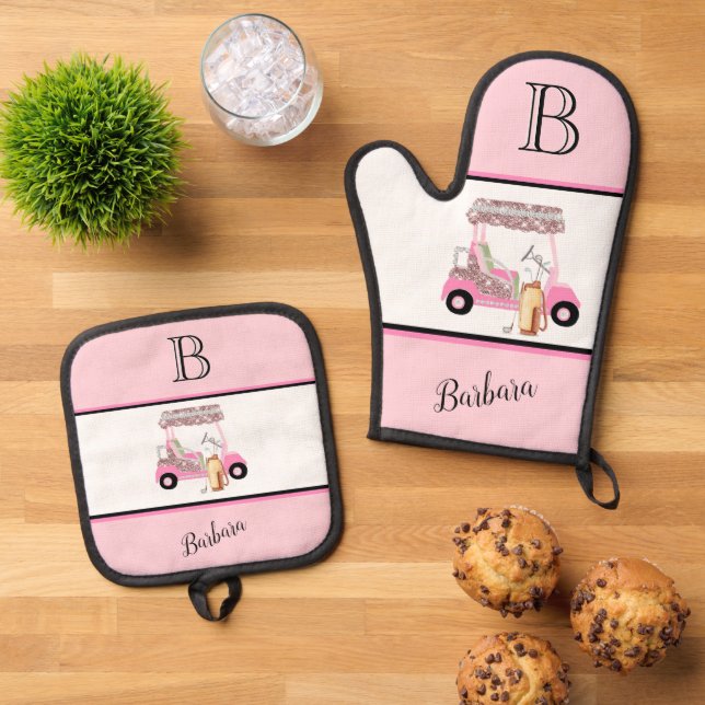 Golf Cart Clubs Monogram Name  Oven Mitt & Pot Holder Set (Top Down)