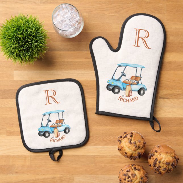 Golf Cart Clubs Monogram Name  Oven Mitt & Pot Holder Set (Top Down)