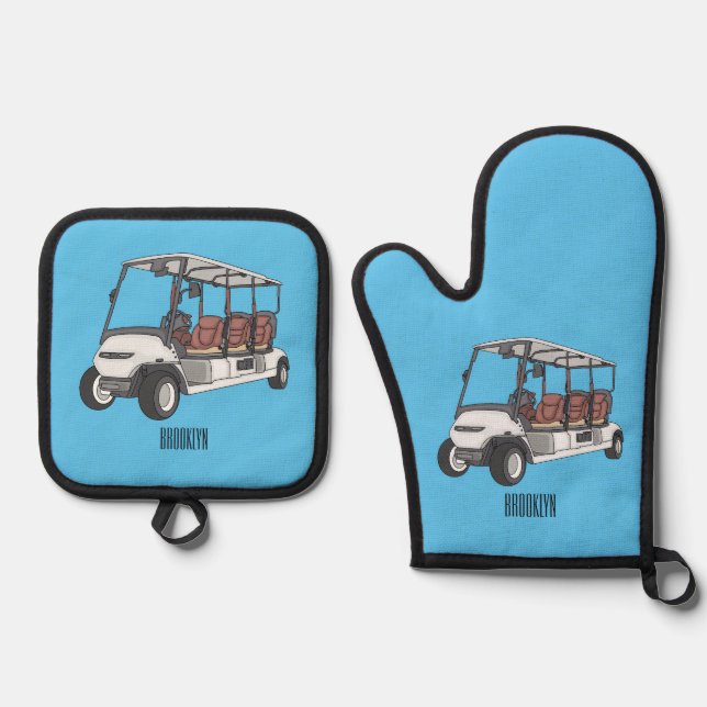 Golf cart / golf buggy cartoon illustration oven mitt & pot holder set (Front)