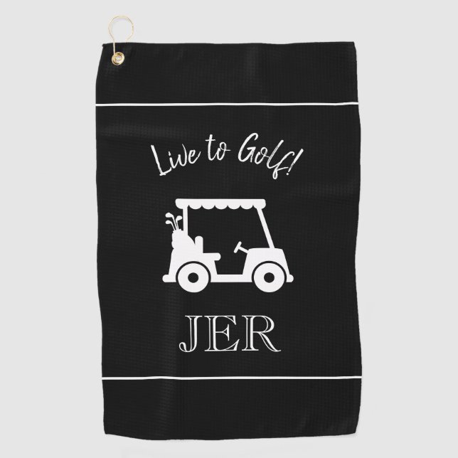 Golf Cart Golfer Quote Monogrammed Black & White Golf Towel (Front)