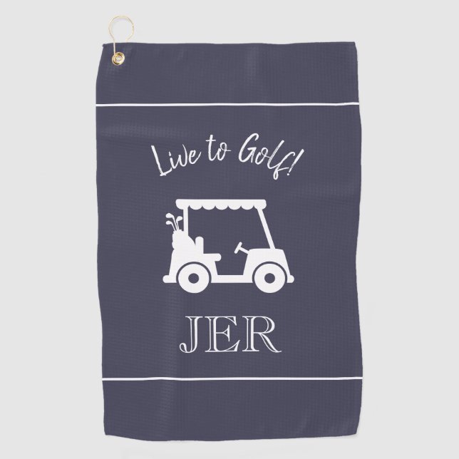 Golf Cart Golfer Quote Monogrammed Blue & White Golf Towel (Front)