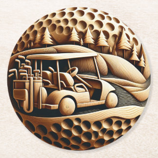 Golf Cart in Artistic Golf Setting Round Paper Coaster