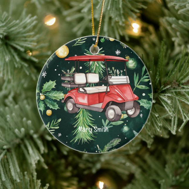 Golf Cart on Christmas Background for Golfer Ceramic Ornament (Tree)