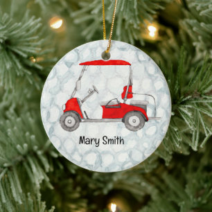 Golf Cart on Golf Ball Background Ceramic Ornament