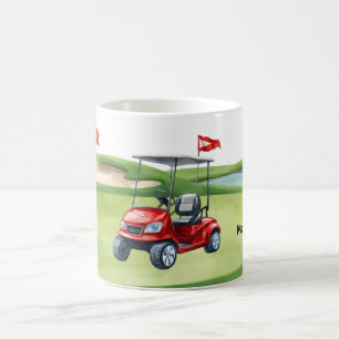 Golf cart on golf course putting green coffee mug