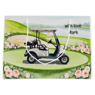 Golf cart on putting green with flowers for golfer large gift bag