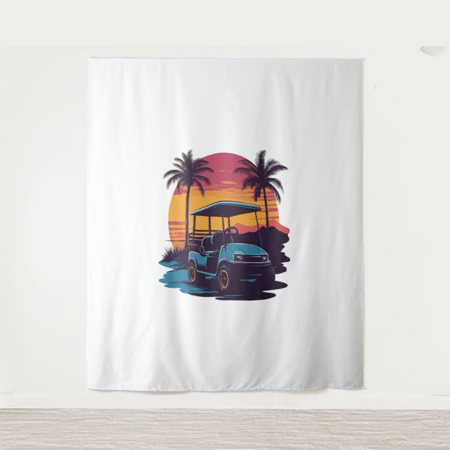 Golf Cart Palm Trees Sunset Vintage Set Tapestry (Front)