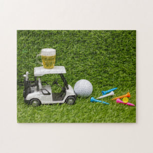 Golf cart with beer and golf tee on green jigsaw puzzle
