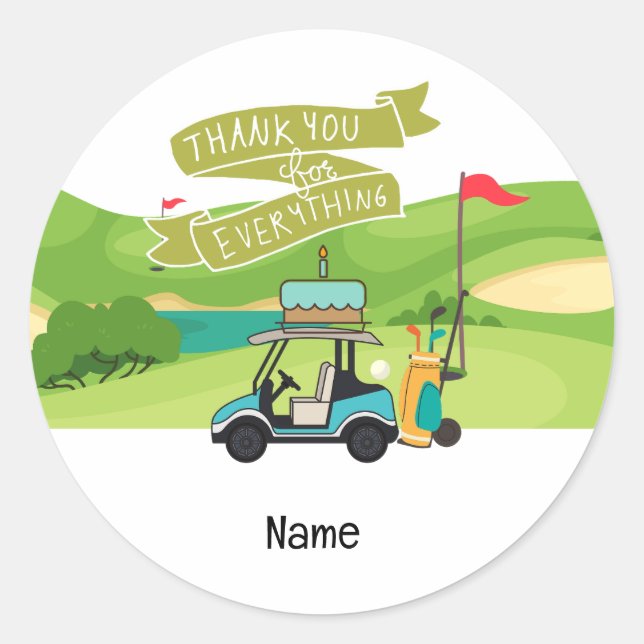 Golf cart with Birthday with cake for kid golfer Classic Round Sticker (Front)