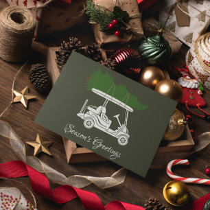 Golf Cart with Christmas Tree • Dark Green Minimal Holiday Card