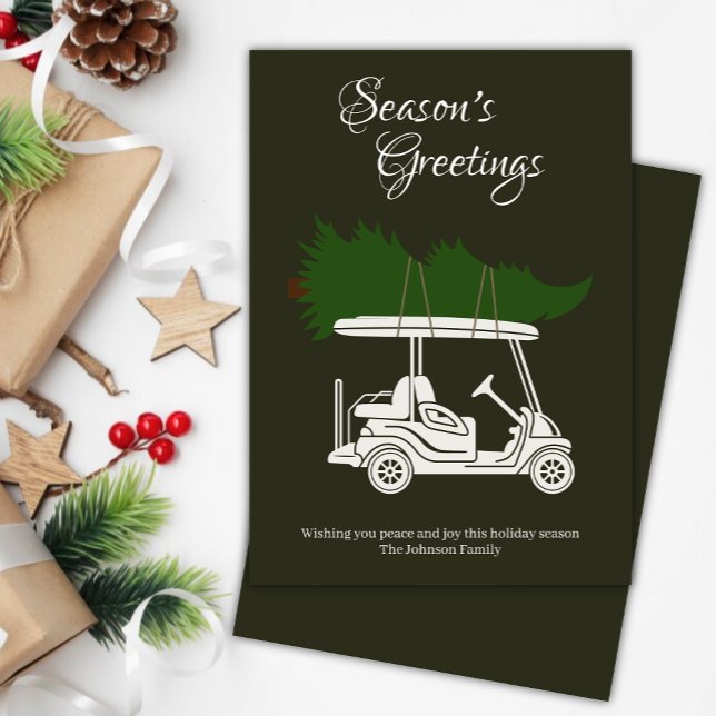 Golf Cart with Christmas Tree • Dark Green Minimal Holiday Card (Creator Uploaded)