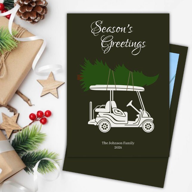 Golf Cart with Christmas Tree • Dark Green Photo Holiday Card (Creator Uploaded)