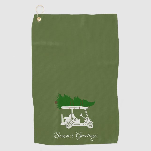 Golf Cart with Christmas Tree | Olive Green Golf Towel (Front)