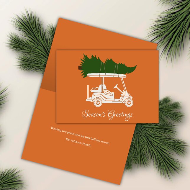 Golf Cart with Christmas Tree • Orange Minimalist Holiday Card (Creator Uploaded)